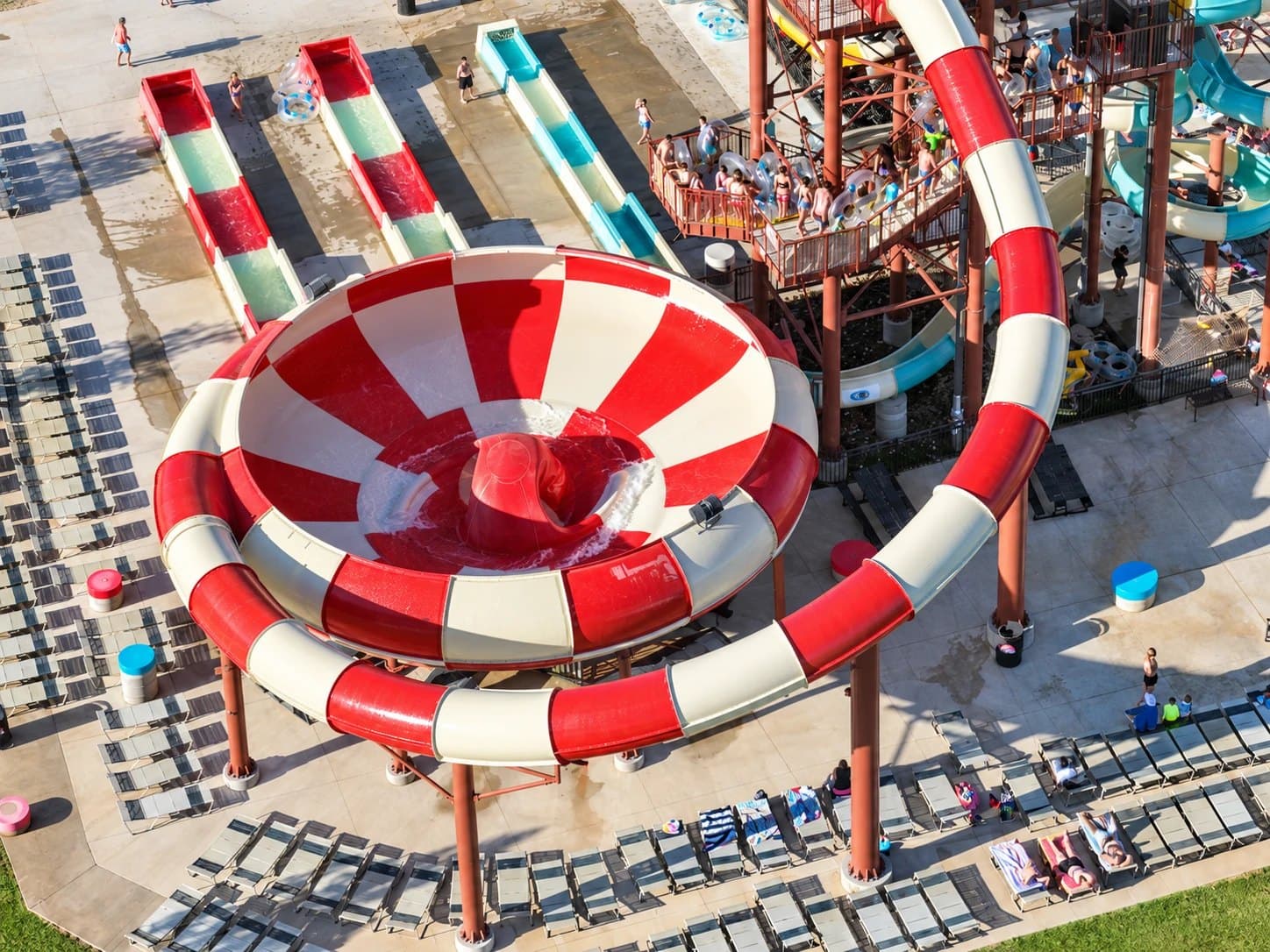The red-and-white bowl slide and slide tower from above