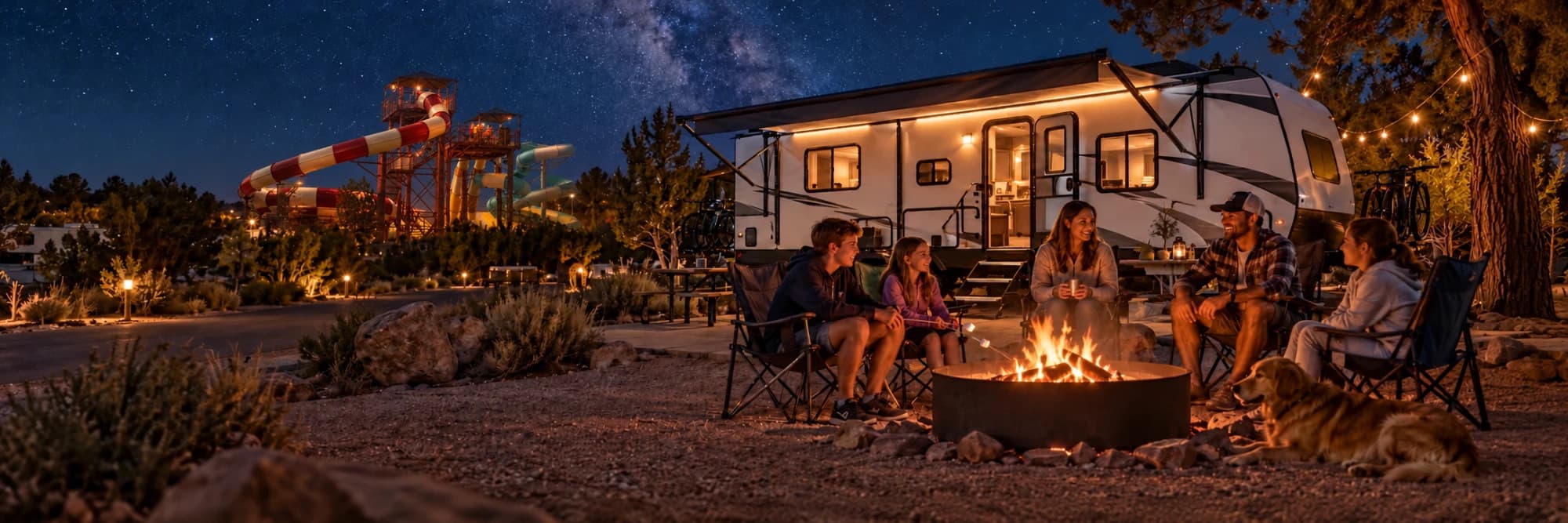 A family around a campfire beside their RV under the Milky Way, with the lit water slides of Jellystone Park Zion behind